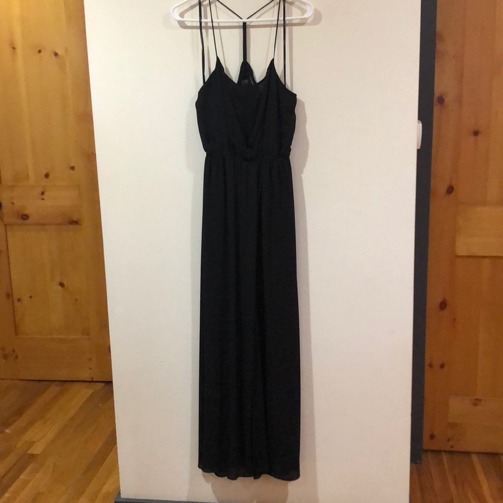 Strappy mini dress with long black sheer overlay